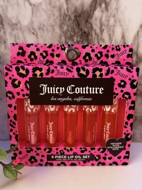 Juicy Couture 5pc Lip Oil Set Hyaluronic Acid Gloss Gift Set NWT Leopard Pink
